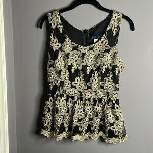 Blue Rain Black Gold Beaded Peplum Top Small